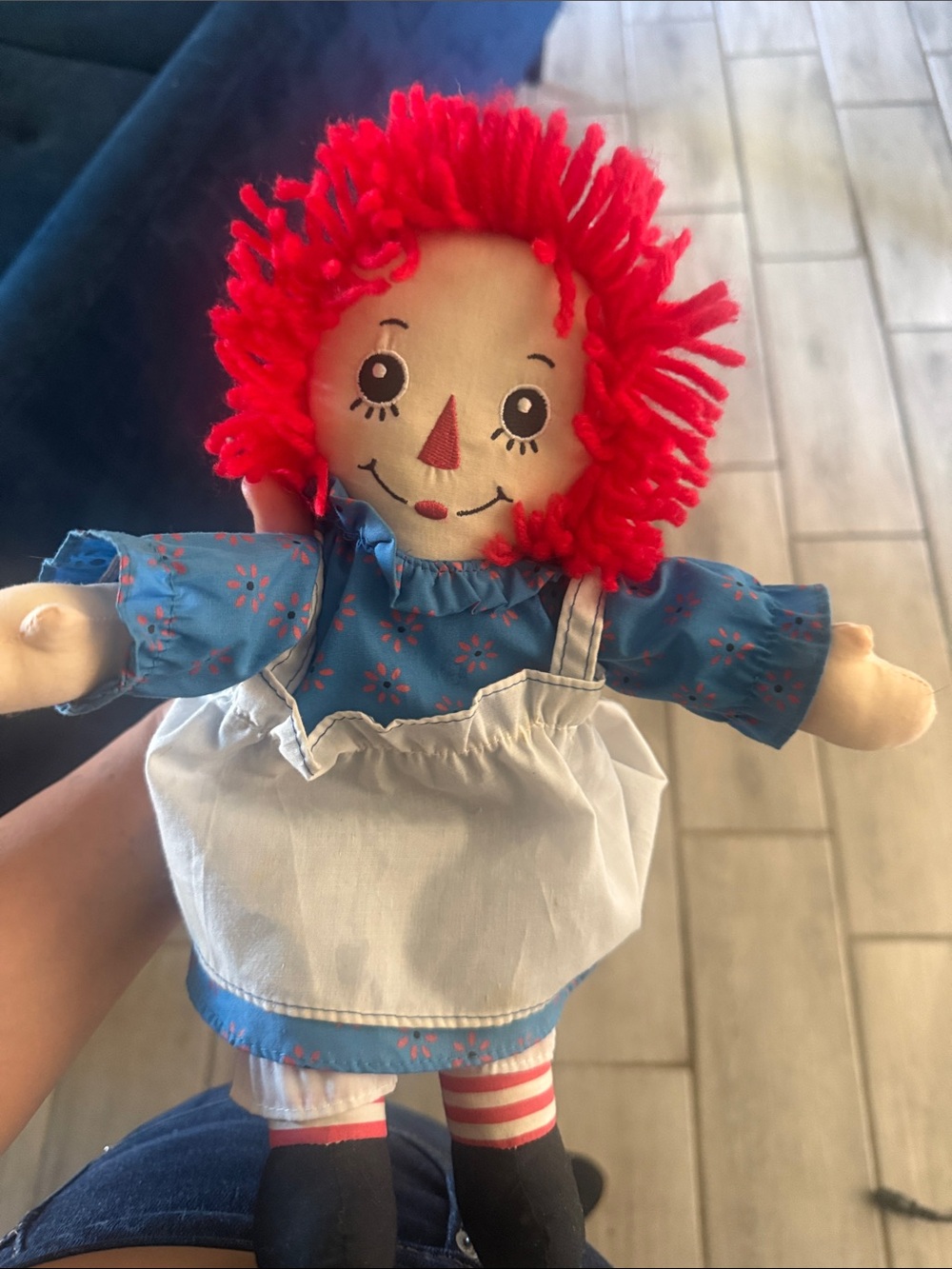 Classic Red-Haired Rag Doll in Blue Dress and White Apron